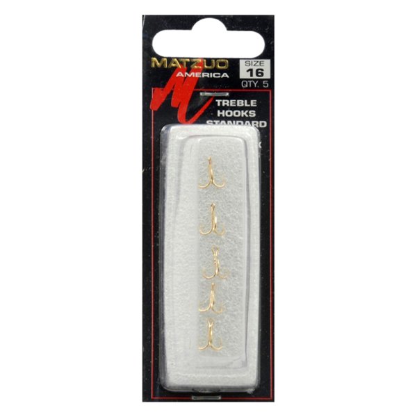 Matzuo America® - Round Bend 2X Strong 16 Size Gold Treble Hooks, 5 Pieces