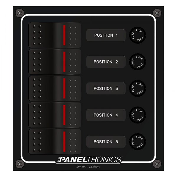 Paneltronics® - Waterproof Line 5-Gang 12 V DC 10 A Illuminated Rocker Switch Panel with Fuse Protection