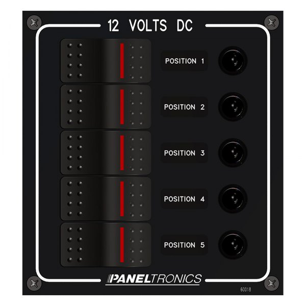 Paneltronics® - Waterproof Line 5-Gang 12 V DC 15 A Illuminated Rocker Switch Panel with Circuit Breaker Protection