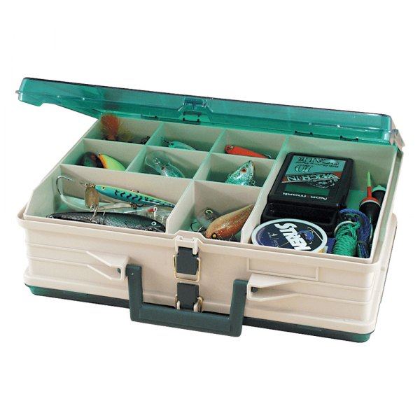 Plano® - 13.5" x 4.25" Sandstone/Green Plastic Double-Sided Satchel Tackle Box