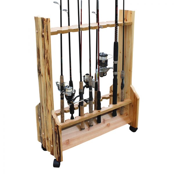 Rush Creek Creations® - Rustic Series Wood Vertical Fishing Double Sided Rolling Storage 16-Rod Rack