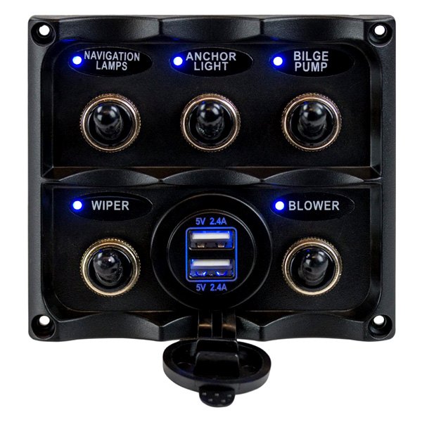 Sea Dog® - Water Resistant 5-Gang 12 V DC 15 A Toggle Switch Panel with USB Power Socket