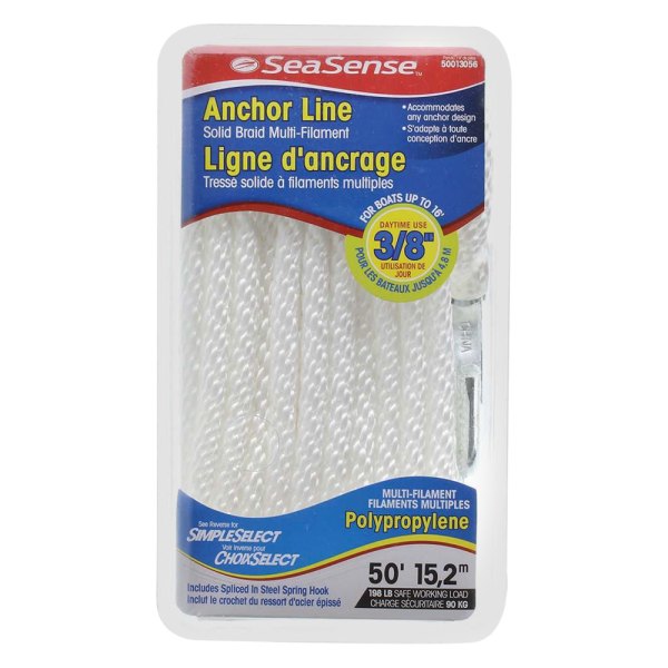 SeaSense® - 3/8" D x 50' L White MFP Solid Braid Anchor Line with Spring Hook