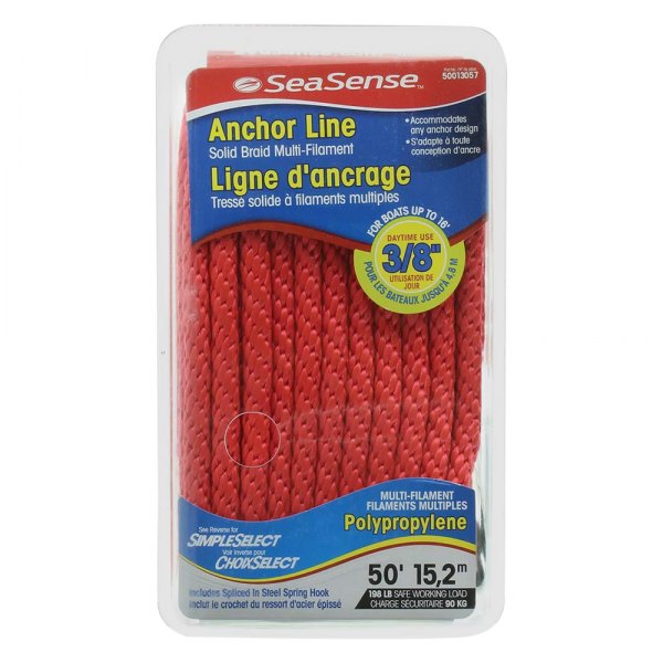 SeaSense® - 3/8" D x 50' L Red MFP Solid Braid Anchor Line with Spring Hook