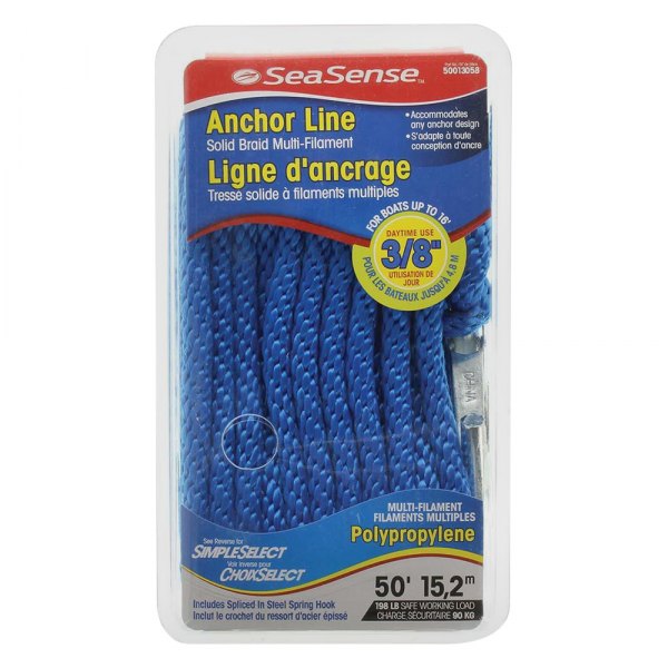 SeaSense® - 3/8" D x 50' L Blue MFP Solid Braid Anchor Line with Spring Hook