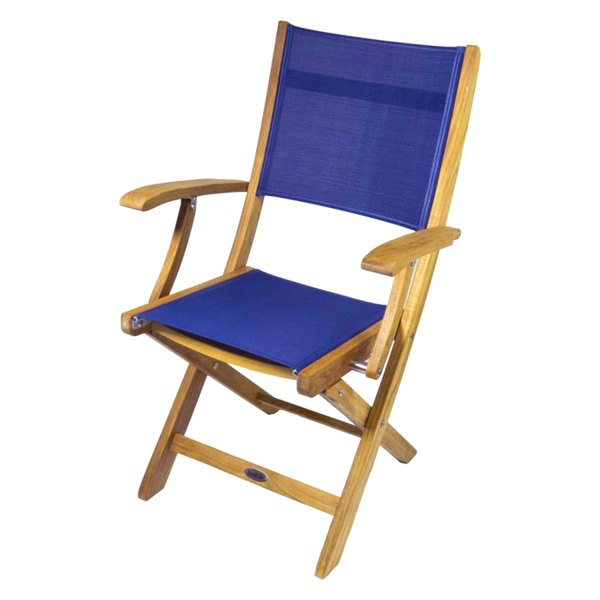 SeaTeak® - 39" H x 23 1/2" W x 23 1/4" D Teak Bimini Folding Teak Deck Armchair with Blue Durasling Fabric