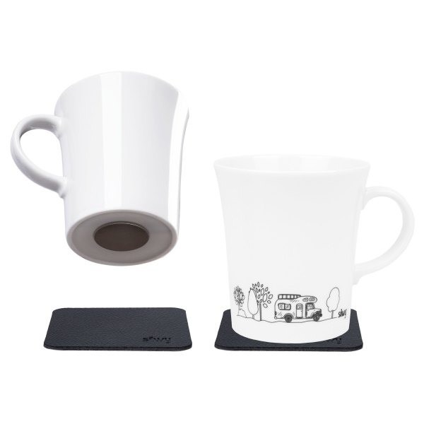 Silwy® - CAMPING 270 ml White Porcelain Magnet Handle Cup Set with Metal-Nano-Gel-Pads, 2 Pieces