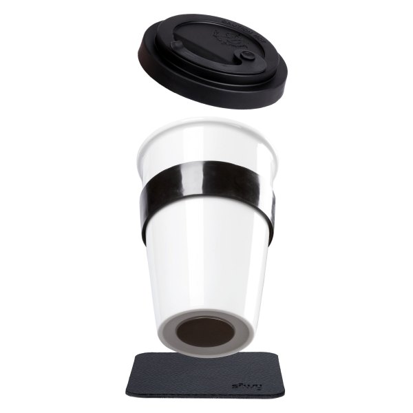 Silwy® - TO-GO 350 ml White Porcelain Cup with Black Coaster