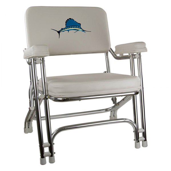 Springfield Marine® 1080021-EMB - 30.5 H x 25 W x 24 D White Folding  Deck Chair with Embroidered Sail Fish & Aluminum Tubing 
