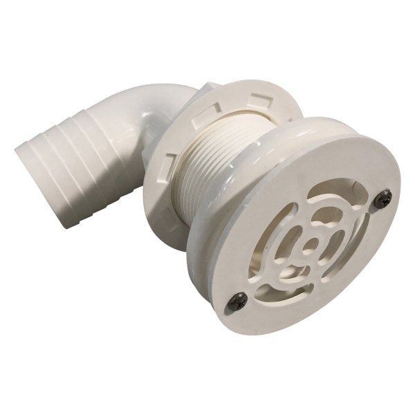 T-H Marine® - 90° Plastic White Elbow Over-Flow Thru-Hull Drain for 1-1/2" D Hose with Filter, Bulk