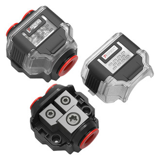 T-Spec® - Black Nickel Plated 2-Position Power & Ground Distribution Block (1 x 0/1 to 4 AWG In, 2 x 4/8 AWG Out)