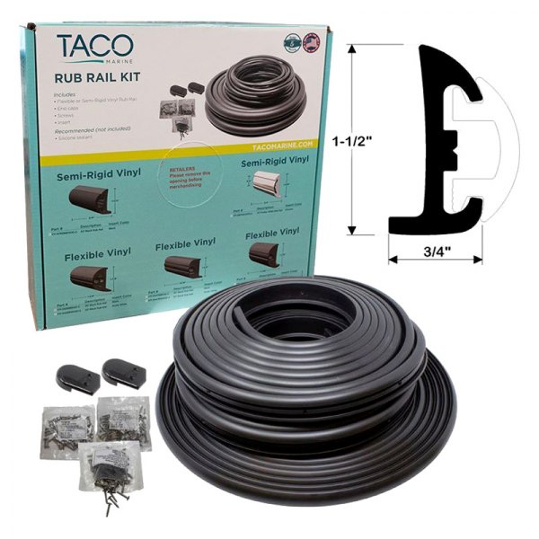 TACO® - 50' L x 1-1/2" H x 3/4" T Black Vinyl Semi-Rigid Flexible Insert Rub Rail Kit with Black Insert