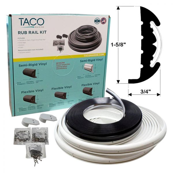 TACO® - 70' L x 1-5/8" H x 3/4" T Frosty White Vinyl Semi-Rigid Flexible Insert Rub Rail Kit with Chrome Insert